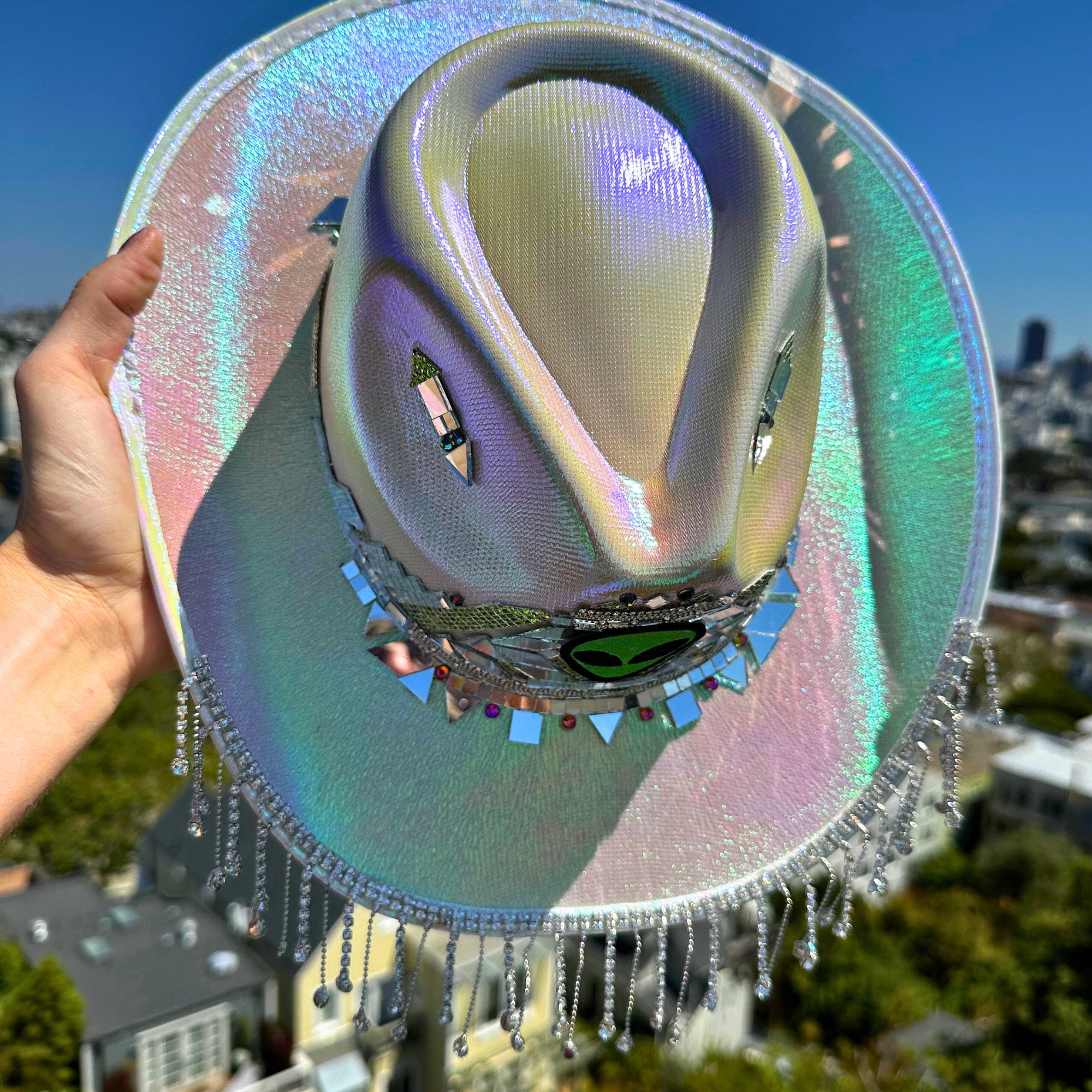 Custom Iridescent Space Cowboy Hat: Rhinestone Alien Cowgirl  display picture 2