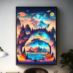 Mysterious Fantasy World Art Rocky Archways and Multiple Planets Enchanting Digital Art Vibrant hues Imaginative Realms Celestial color Art