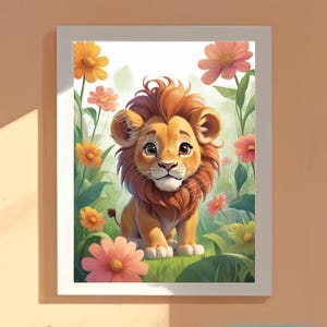 Little Lion Cub Nursery Print Jungle Animal Digital Art for Kids Room Cute Baby Lion Cub Wall Decor Toddler Safari Floral Download Print