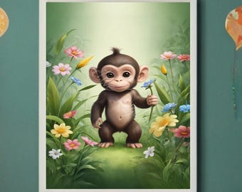 Apaunge, barnrumstryck, djungelsafari, djurväggkonst, digital nedladdning, apa som håller blomma, utskrivbar djungeldekor, barnrum, småbarnsrum