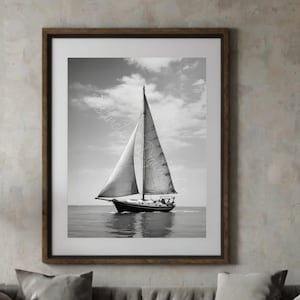 Minimalist sailboat wall art black and white ocean print nautical boat photography digital download beach house decor coastal wall artwork