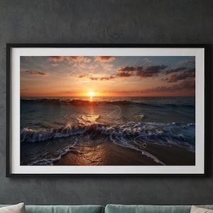 sunset ocean waves coastal beach digital art golden hour seascape wall decor relaxing ocean horizon print tranquil sea landscape artwork