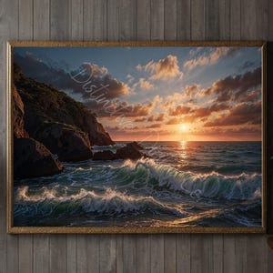 May include: A framed print of a coastal sunset. The artwork depicts a vibrant sunset over the ocean, with waves crashing against the rocks. The sky is filled with orange and yellow hues, and the frame is gold.