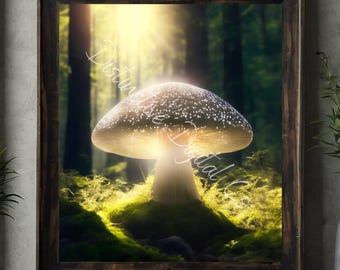 Bosque de hongos brillantes, descarga digital, arte de naturaleza mística del bosque, hongos encantados, imprimible, arte de pared mágico con núcleo de hadas, descarga instantánea