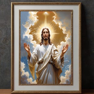 Jezus Christus stralend licht digitale kunst glorieuze christelijke muur decor inspirerende afdrukbare kunst voor religieus interieur direct downloaden