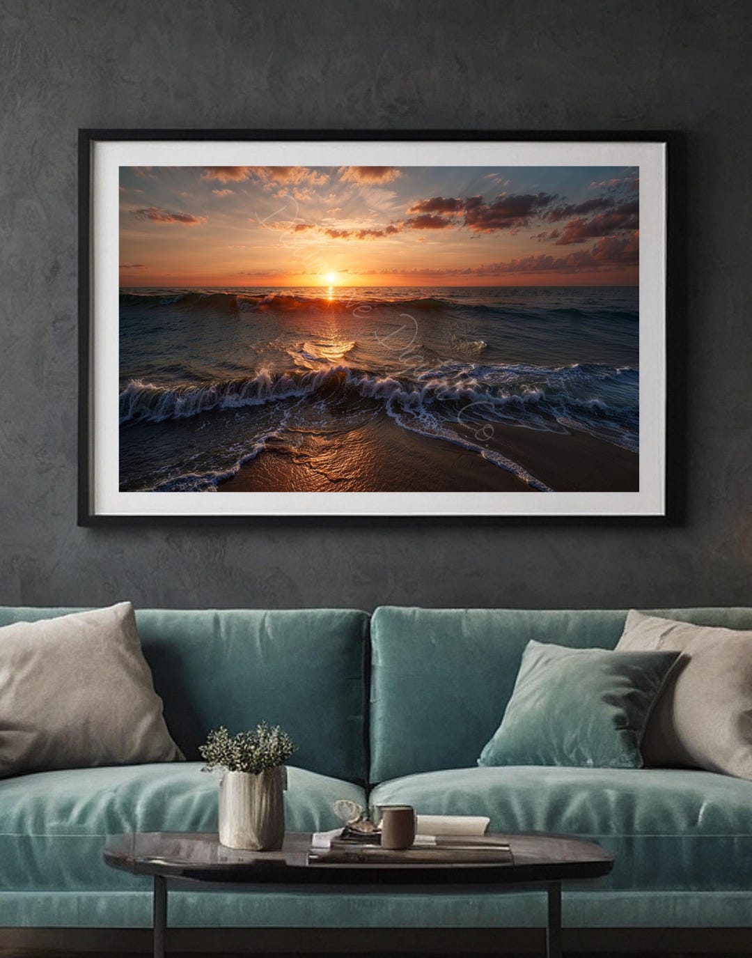 Sunset Ocean Waves Coastal Beach Digital Art Golden Hour Seascape Wall ...