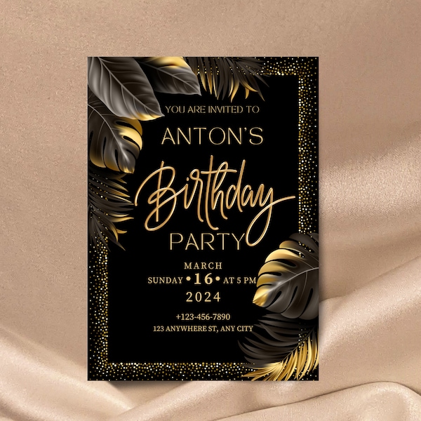Luxury Black Gold Birthday Party Invitation Personalized Tropical Dark Golden Leaves Party Printed