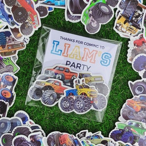 Monster-Truck-Gastgeschenke Monster-Truck-Aufkleber Geburtstags-Jungen-Gastgeschenke Monster-Trucks-Partybeutel-Füller Kundenspezifische Geburtstagsfeier-Karte