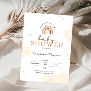 Boho Regenbogen Bogen Baby-Dusche-Einladung Personalisierte Baby-Dusche einladen Beige Wolken Sterne Elegantes Design Gedruckt