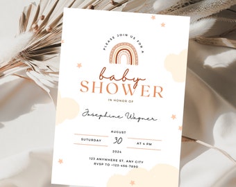 May include: A baby shower invitation with a rainbow and clouds design. The invitation is for Josephine Wagner on Saturday, August 30, 2024 at 4 PM. The RSVP information is included.