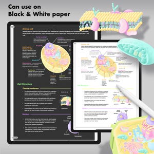 Może przedstawiać: Dwa tablety cyfrowe wyświetlają notatki edukacyjne z biologii dotyczące struktury komórki zwierzęcej, zawierające schematy organelli i błon komórkowych. Tekst "Can use on Black & White paper" znajduje się u góry wraz z kolorowymi ilustracjami 3D.