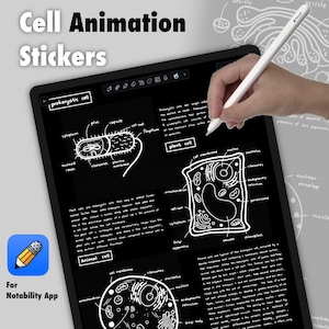 Può includere: Un set di adesivi digitali per l'app Notability che presenta illustrazioni di diversi tipi di cellule, tra cui cellule procariotiche, vegetali e animali. Gli adesivi sono in bianco e nero e sono etichettati con i nomi delle diverse parti della cellula.