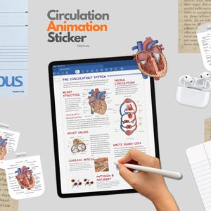 May include: A digital tablet displays a study guide titled The Circulatory System with anatomical diagrams of the heart and blood cells. Surrounding the tablet are loose stickers of the human heart, a pair of white wireless earbuds, and lined paper.
