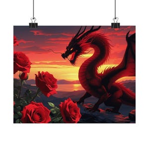 Dragon & Roses Wall Art Poster, Fantasy Art, Home Decor, Gift for Gamers, Gothic Decor, Dragon Lover Decor