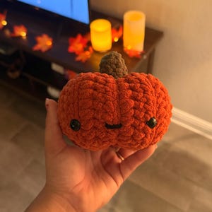 May include: A handmade orange crochet pumpkin with a smiling face, featuring black button eyes and a stitched mouth. The pumpkin has a brown stem and is a seasonal fall decoration.