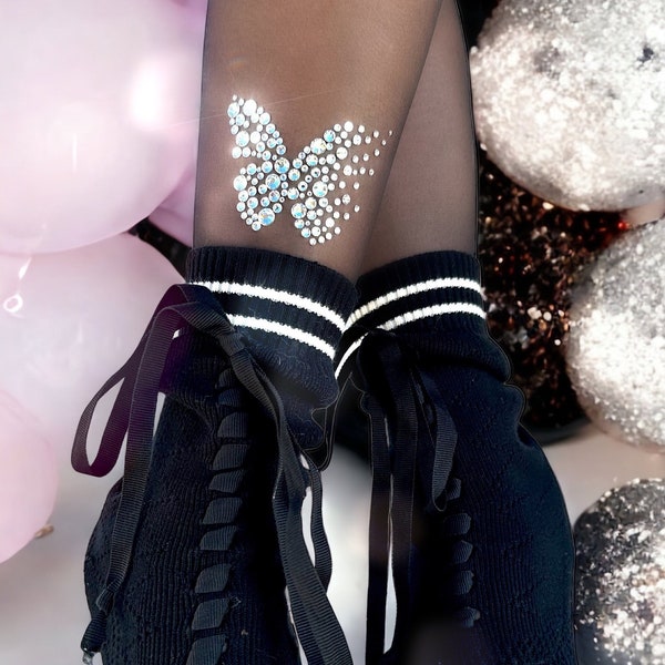 Butterfly Swarovski Crystal Tattoo Tights, Bejeweled  Nylons, Sparkling Leg-wear, Statement Socks, Rhinestone Accessories, Black Stockings