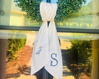 Heron Monogrammed Linen Wreath Sash, Coastal Door Decor, Personalized Porch Accent