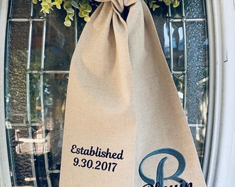 Personalized Linen Wreath Sash, Monogrammed Door Decor, Wedding Anniversary Gift