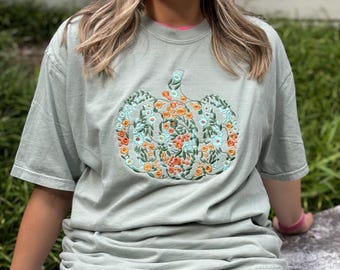 Embroidered Pumpkin, Comfort Colors, Thanksgiving, Fall, Pumpkin, design tshirt.