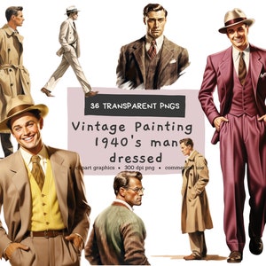 1940's Man Dressed Clipart, Sweater Cardigan, Retro, Scrapbook, Digital Pintables, Bundle Clipart PNG, Uso comercial, Descarga instantánea