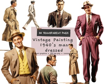 1940s Man Clipart Bundle, Retro Fashion Illustrations (PNG Digital Download)