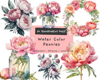 34 Watercolor Floral Peonies Clipart Fall Flowers Floral PNG, Commercial Use, Instant Download