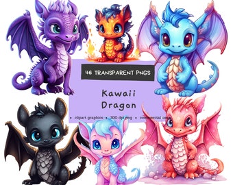 Adorable Dragon Clipart Set, Kawaii Dragon, Chibi Dragon, Digital Pintables, Bundle Watercolor Clipart PNG, Commercial Use, Instant Download