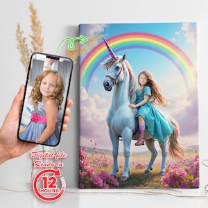 Custom Princess Portrait, Unicorn Poster, Personalized Portrait from Photo, Birthday Gift, Gift Idea for Girl, Kids&#39; Gifts, Canvas, Poster