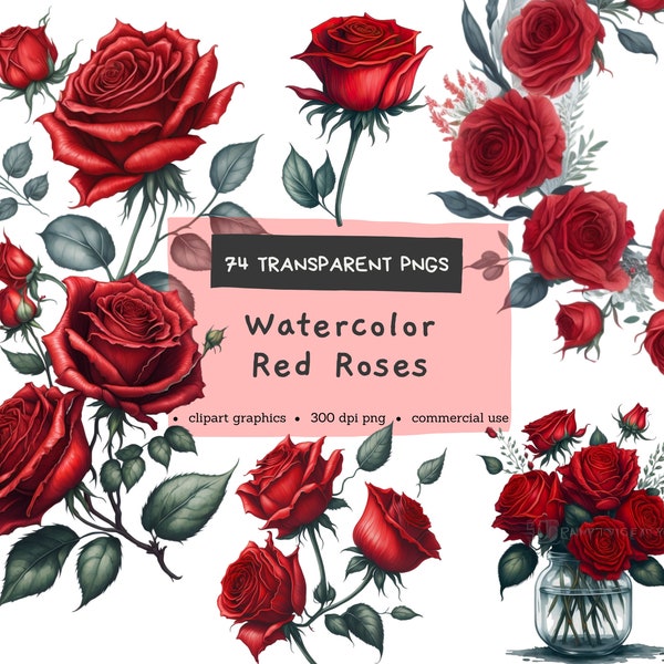 74 Watercolor Floral Red Roses Clipart Fall Flowers Floral PNG, Commercial Use, Instant Download