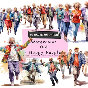 Happy Seniors People, Funny, Dancing, Elderly, Retirement, Digital Pintable, Bundle Watercolor Clipart PNG, Commercial Use, Instant Download