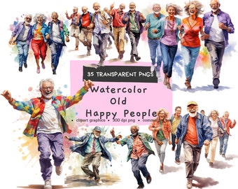 Happy Seniors People, Funny, Dancing, Elderly, Retirement, Digital Pintable, Bundle Watercolor Clipart PNG, Commercial Use, Instant Download