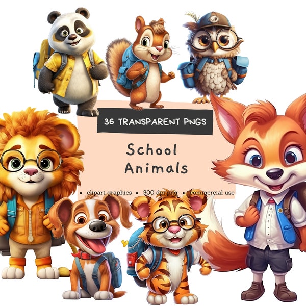 Watercolor School Animals, Back To School Clipart, Digital Pintables, Bundle Watercolor Clipart PNG, Commercial Use, Instant Download