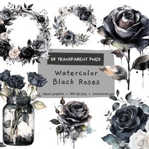 38 Watercolor Floral Black Roses Clipart Fall Flowers Floral PNG, Commercial Use, Instant Download