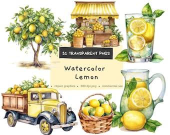 Lemon Watercolor Clipart, Lemon truck clipart, Scrapbook, Digital Pintables, Bundle Watercolor Clipart PNG, Commercial Use, Instant Download