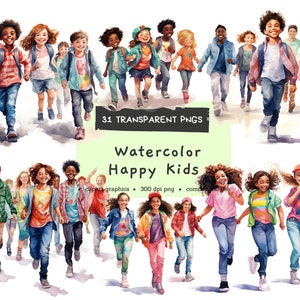 Happy Kids Clipart, Garçons et filles peints, Enfants, Pintables numériques, Bundle Aquarelle Clipart PNG, Utilisation commerciale, Téléchargement instantané