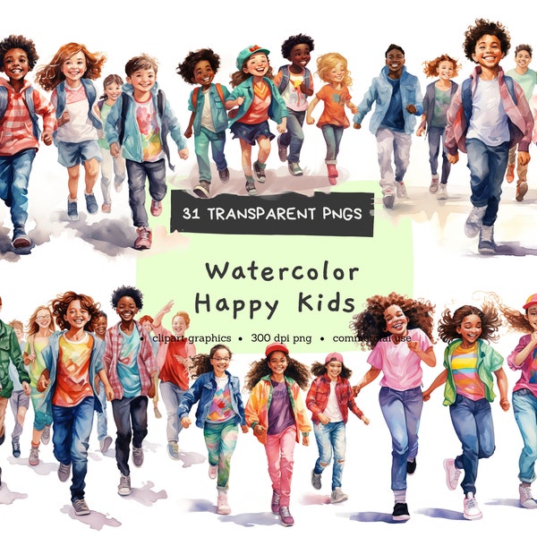 Happy Kids Clipart, Painted Boys and Girls, Children, Digital Pintables, Bundle Watercolor Clipart PNG, Commercial Use, Instant Download