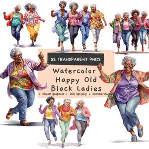 Aquarell lustige alte schwarze Damen Clipart, Frauen tanzen, digitale Pintables, Bundle Aquarell Clipart PNG, kommerzielle Nutzung, Sofort-Download