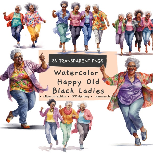 Watercolor Funny old Black ladies clipart ,Women dancing, Digital Pintables, Bundle Watercolor Clipart PNG, Commercial Use, Instant Download