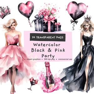 Schwarz & Pink Party Clipart, Luftballons, Geschenke, Champagner, digitale Pintables, Bundle Aquarell Clipart PNG, kommerzielle Nutzung, Sofort Download