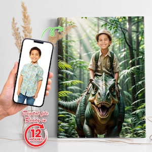 Retrato personalizado a partir de una foto, retrato de dinosaurio personalizado, póster de dinosaurio, jinetes de dinosaurios, idea de regalo para niños, regalos para niños, lienzo