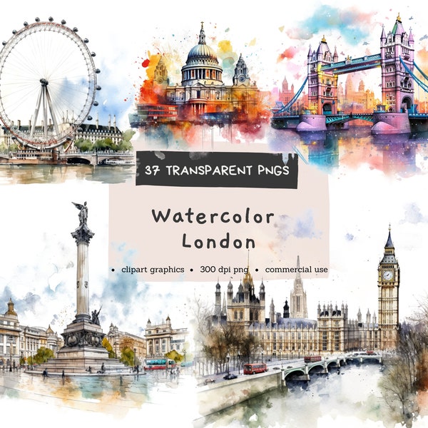 Londres Clipart scrapbooking png aquarelle, Digital Pintables, Bundle Clipart aquarelle PNG, utilisation commerciale, téléchargement immédiat