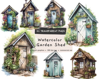 Garden Shed Clipart, cottage, cottagecore, Farmhouse, Digital Pintables, Bundle Watercolor Clipart PNG, Commercial Use, Instant Download