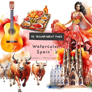 Spanje ClipArt, Scrapbooking Reizen, Traditioneel Spaans, Digitale Pintables, Bundel Aquarel Clipart PNG, Commercieel Gebruik, Instant Download