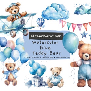 Teddy Bear Clip Art Pack, Baby Shower for a boy, Nursery, Aeroplane, Balloons, Watercolor Clipart PNG, Commercial Use, Instant Download