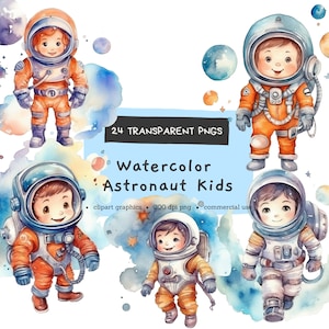 Cute Astronauts, Space, Nursery Decor, baby boy, Digital Pintables, Bundle Watercolor Clipart PNG, Commercial Use, Instant Download