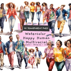Imágenes prediseñadas multirraciales humanas felices, caras sonrientes, personas, pintables digitales, paquete acuarela clipart PNG, uso comercial, descarga instantánea