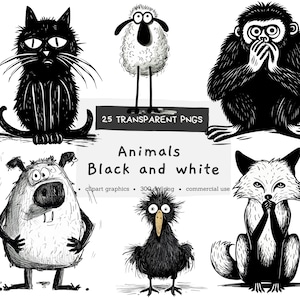 Animali in bianco e nero, scarabocchi di elementi disegnati a mano, pintables digitali, bundle acquerello clipart PNG, uso commerciale, download istantaneo