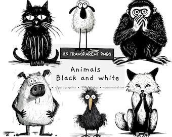 Animals Black and White, Hand Drawn Elements Doodles, Digital Pintables, Bundle Watercolor Clipart PNG, Commercial Use, Instant Download