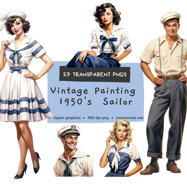 1950s Sailor, Retro Clipart, Card Making Scrapbook Junk Journal, Digital Pintables, Bundle Vintage Painting Clipart PNG, Commercial Use