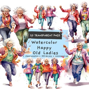 Acuarela Divertidas ancianas clipart, Mujeres bailando, Pintables digitales, Paquete acuarela Clipart PNG, Uso comercial, Descarga instantánea